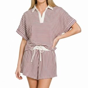 Zenana Striped Collared Top & Shorts Set - Cabernet